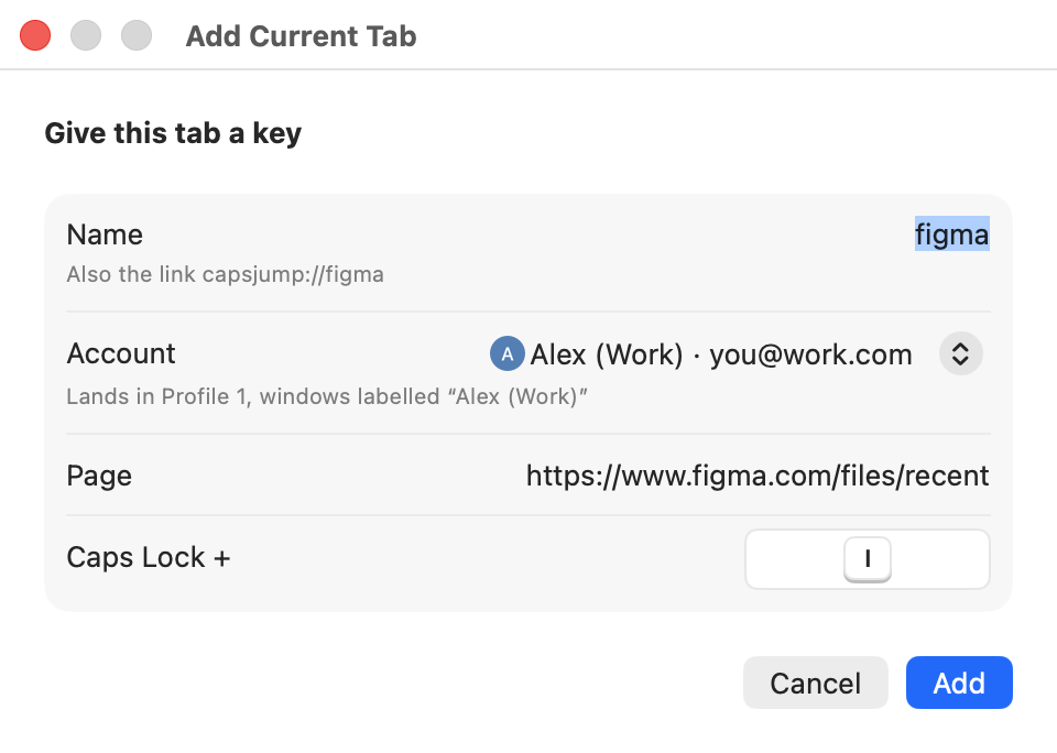 Add Current Tab: a Figma tab becomes a site named figma, in the Work account with its picture, on Caps Lock + I