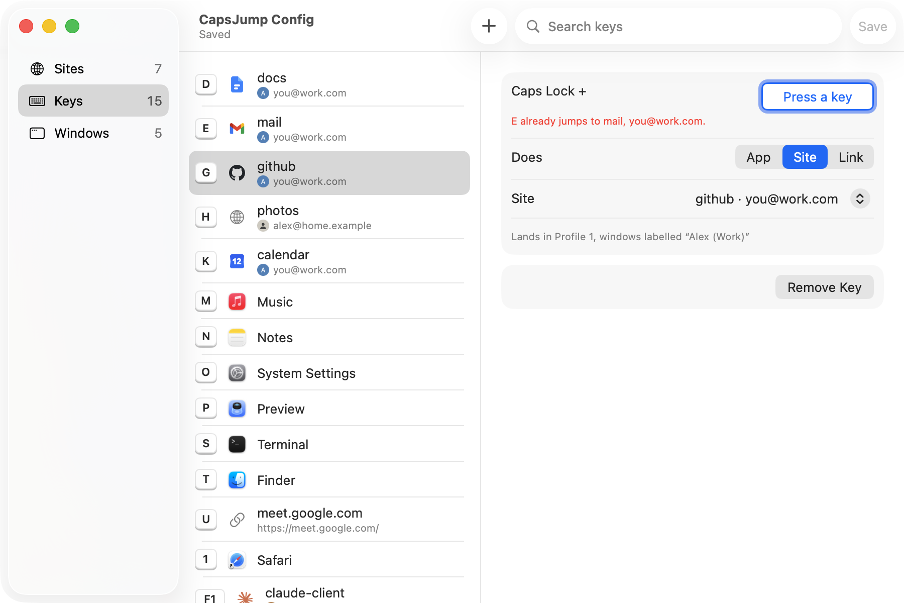The config window on Keys: a sidebar with Sites, Keys and Windows, every key as a keycap with the app's icon or the site's own icon and its account's picture, and the picked key, Caps Lock + G jumping to github, its key field saying Press a key and, under it, E already jumps to mail, you@work.com
