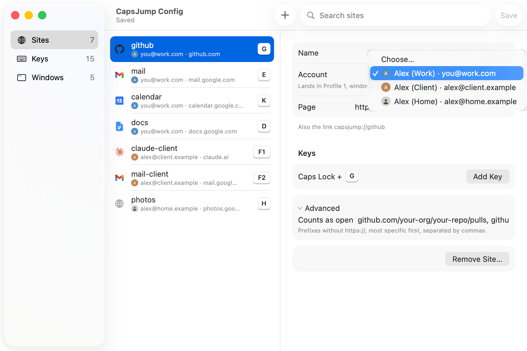 The config window on Sites: each site with its own icon, its Chrome account and that account's picture, its host and the keys that land there, a globe for a site Chrome hasn't shown yet, and github open with its Account menu showing each account with its picture