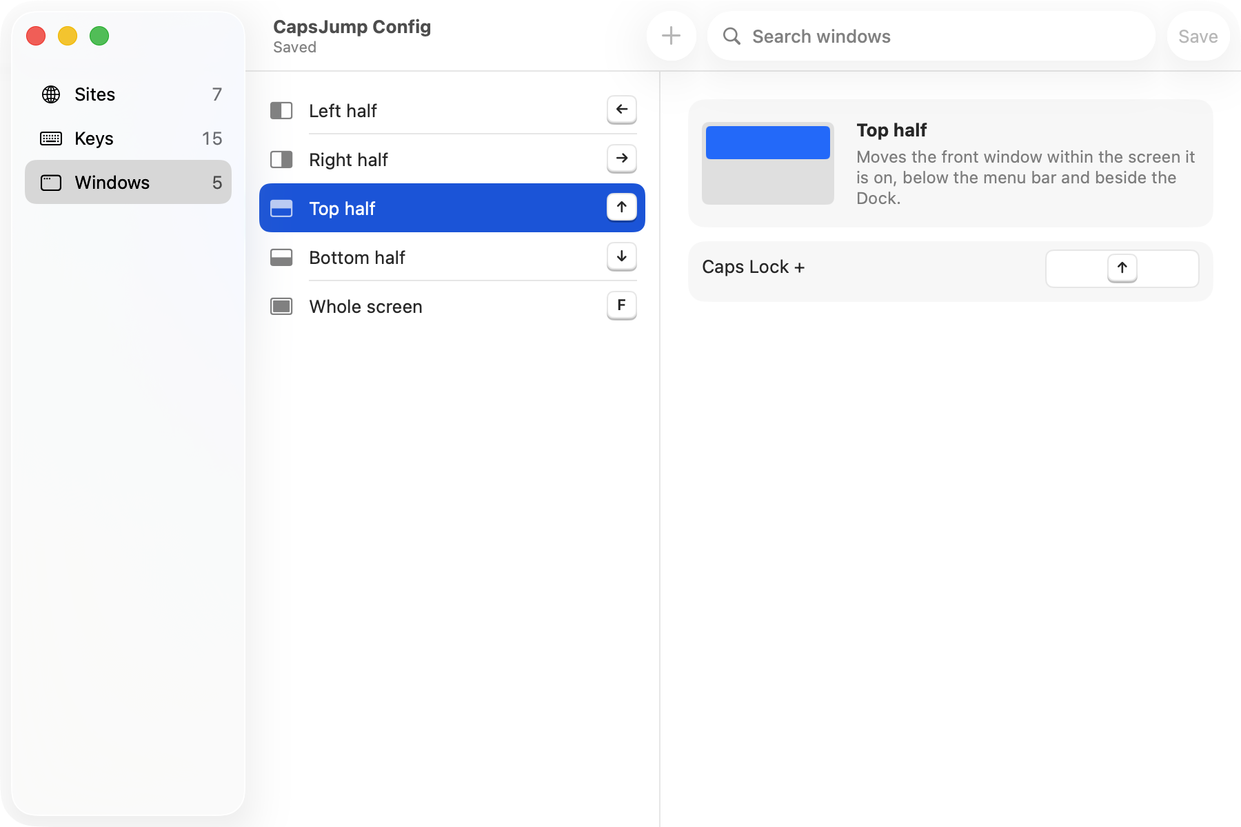 The config window on Windows: left half, right half, top half, bottom half and whole screen, each with its key, and Top half open with a picture of the screen's upper half and Caps Lock + up arrow